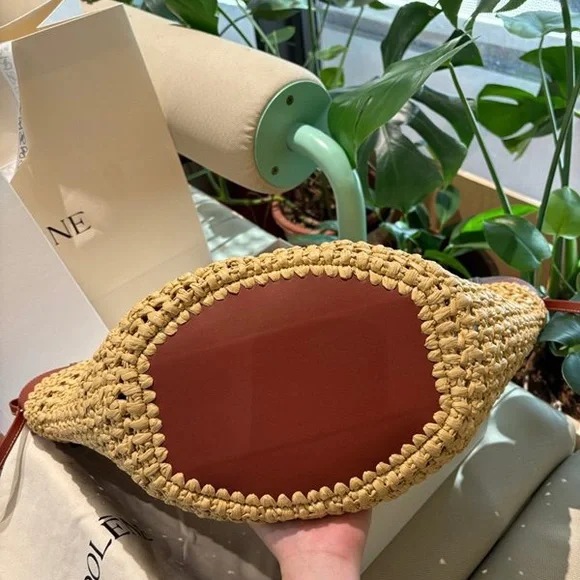 Polene Paris Crochet Straw Tote Bag Browm Leather Trim - Picture 10 of 10